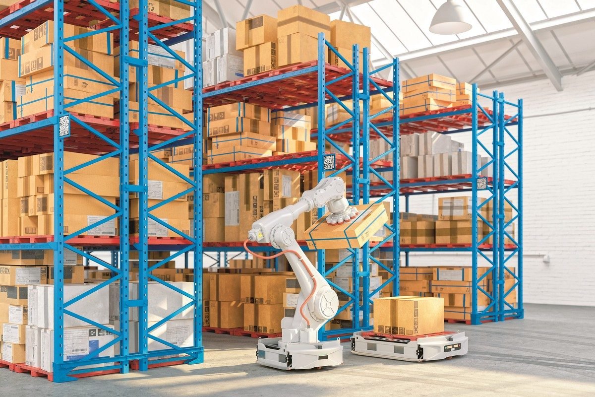 A modern warehouse with automated sorting systems