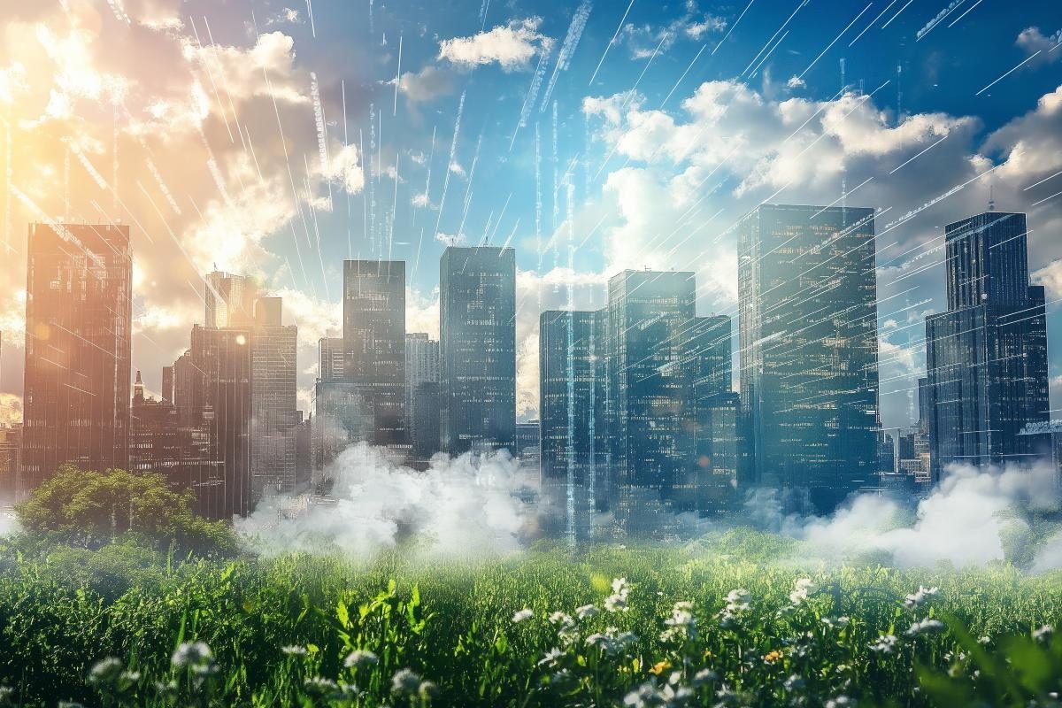 environmental data visualizations overlaying a city